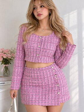 Y2K Preppy Pink Tweed 2-Piece Skirt Set | Cropped Jacket + Mini Skirt
